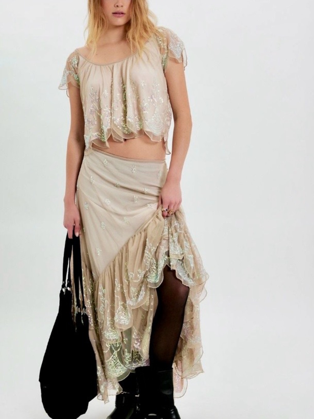 NWT!  Free People Ciara Lace Shimmer Midi Dress Set ~ L